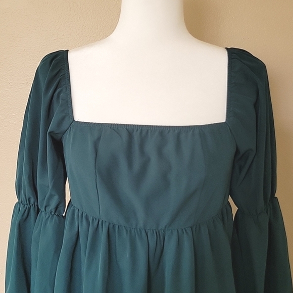 Exlura Green Square Neck Puff Sleeve A-Line Mini Dress - Size Small - Picture 2 of 9